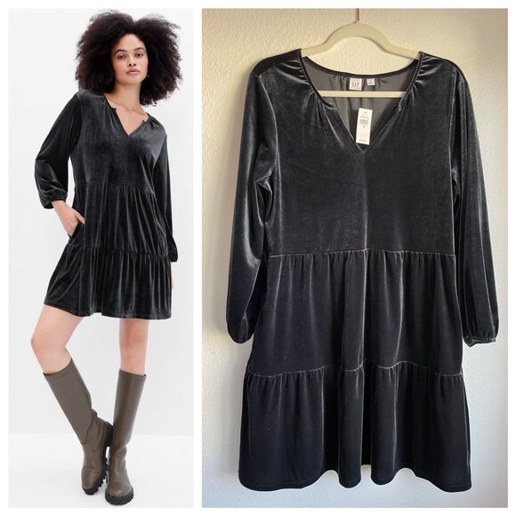 NWT Gap Women's Velvet Tiered Mini Dress with 3/4 Sleeves in Black Size M - Picture 1 of 11